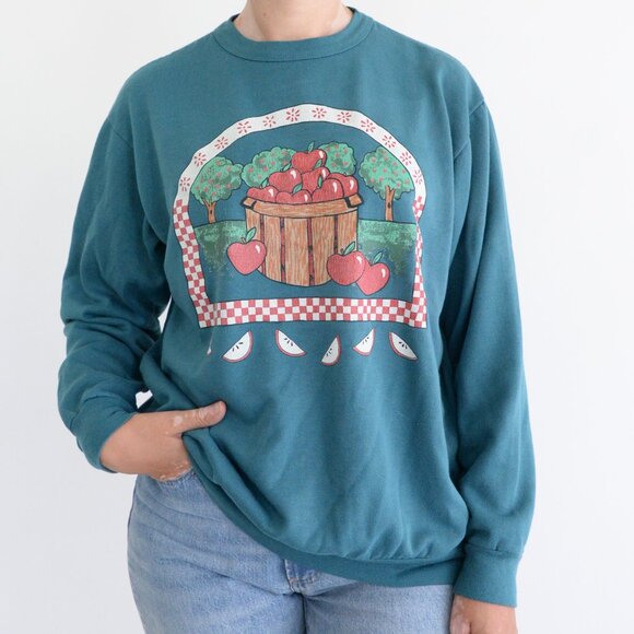 Vintage Blair Teal Apple Orchard Festive Harvest Crewneck Sweater L - Picture 1 of 12
